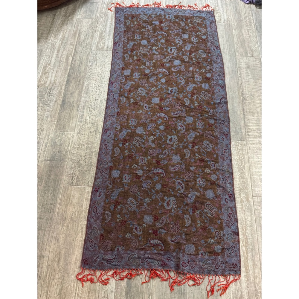 Pashmina Silk Scarf Brown Blue Paisley Floral Fringe Wrap Shawl 28x68
